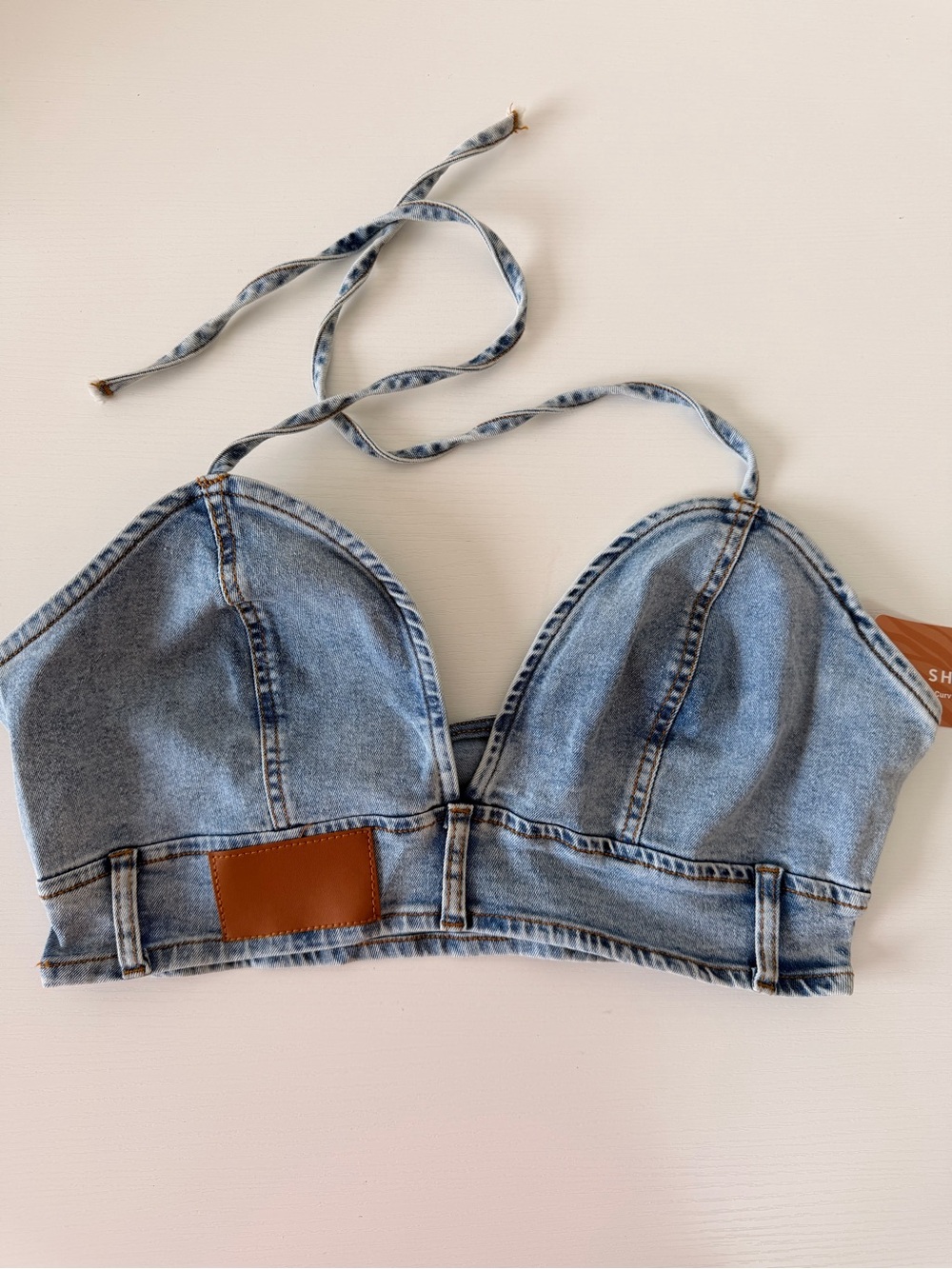NWT Light Wash Denim Bralette Top with Tie Straps Size S (4)